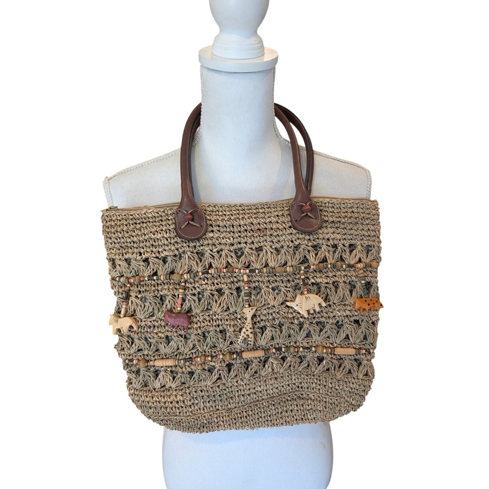 St Johns Bay Woven Straw Safari Tote Bag Wood Animal Charms Leopard Print Lining